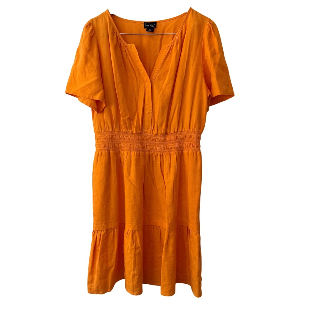 Nicole Miller Orange Linen Blend Puff Sleeve Smocked Mini Dress Womens Large NEW